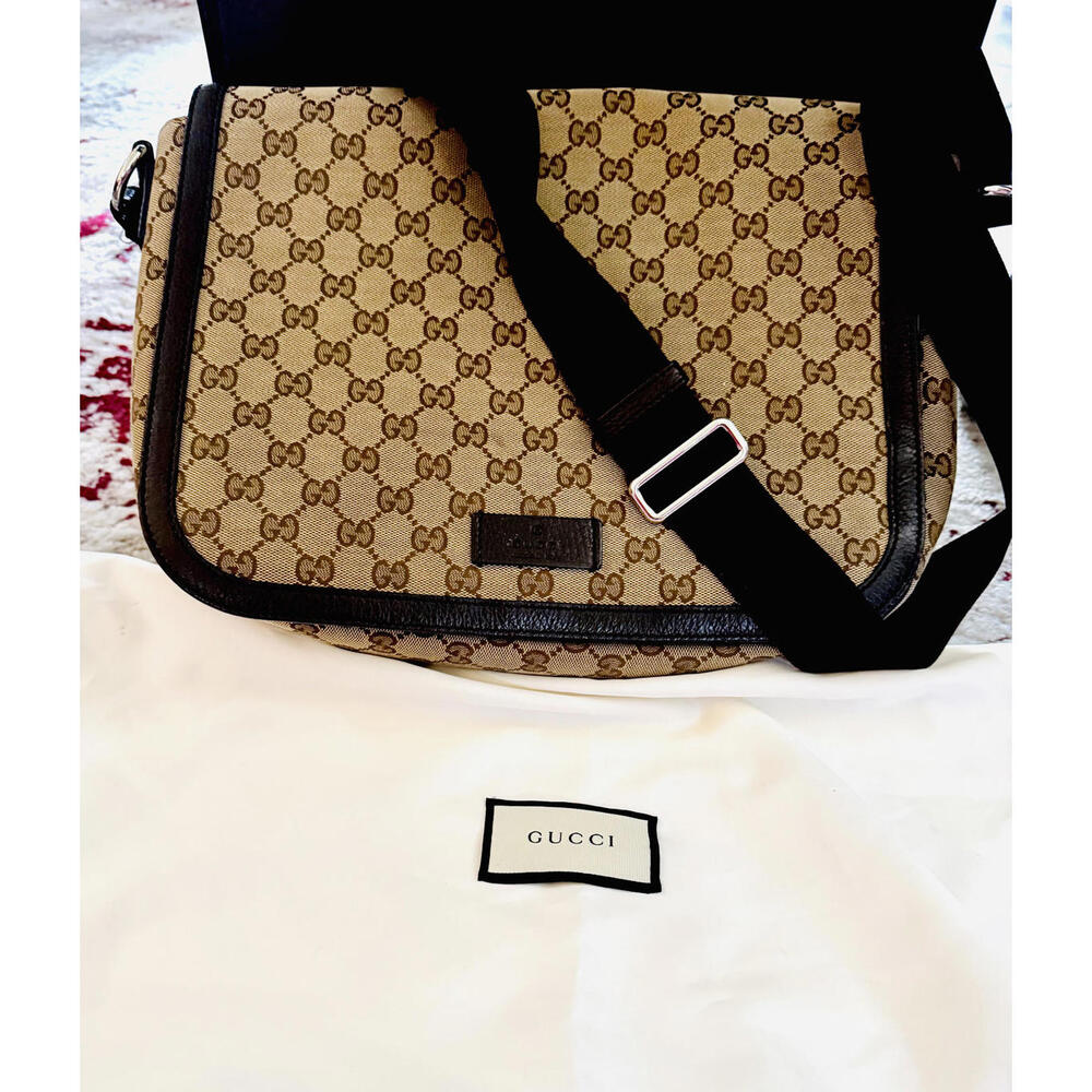 Authentic Gucci GG Flap Large Monogram Canvas Messenger Beige Bag